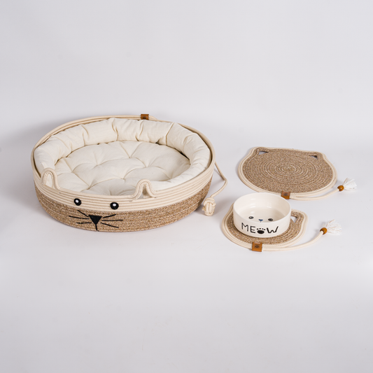 Komplettes Katzen-Set mit Bett, Matten und Keramiknapf