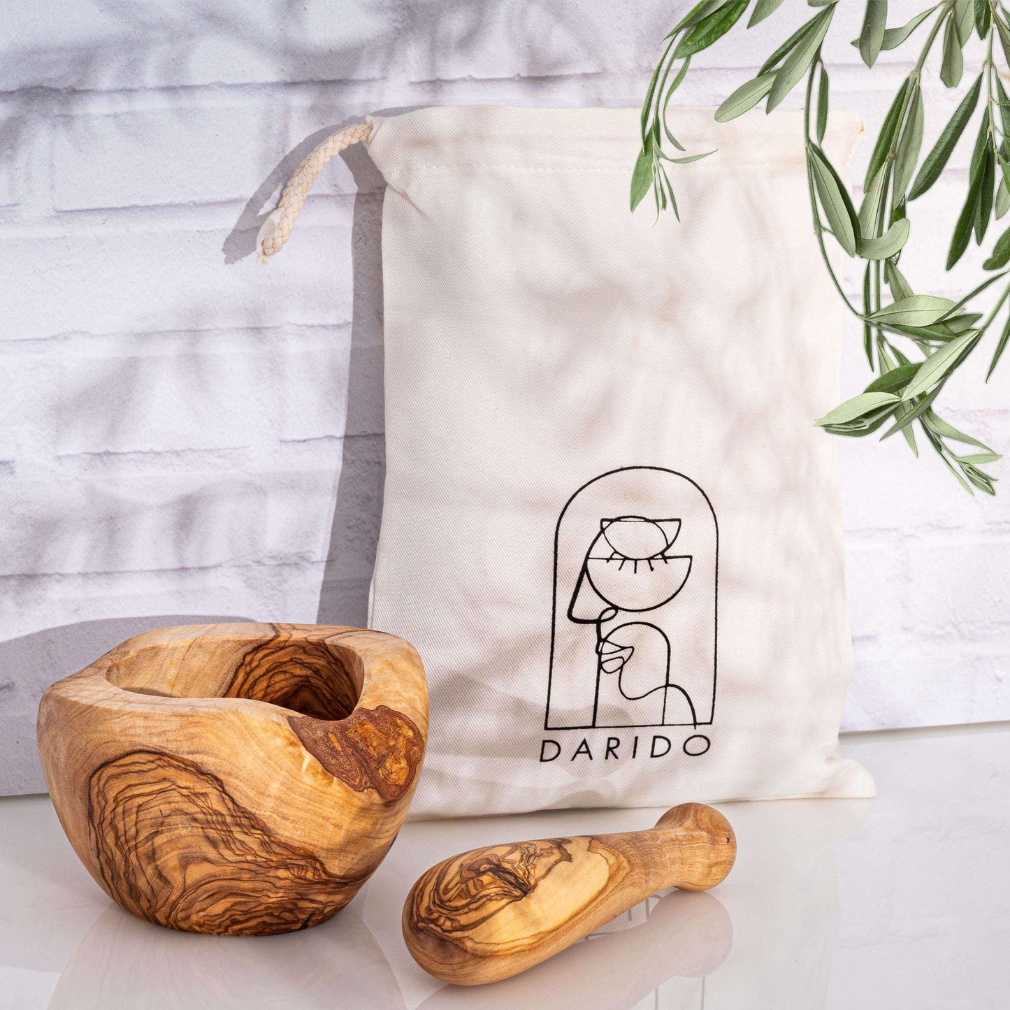 DARIDO Premium Olive Wood - Traditional Rustic Mortar & Pestle: Handmade, Durable, All-purpose Grinding