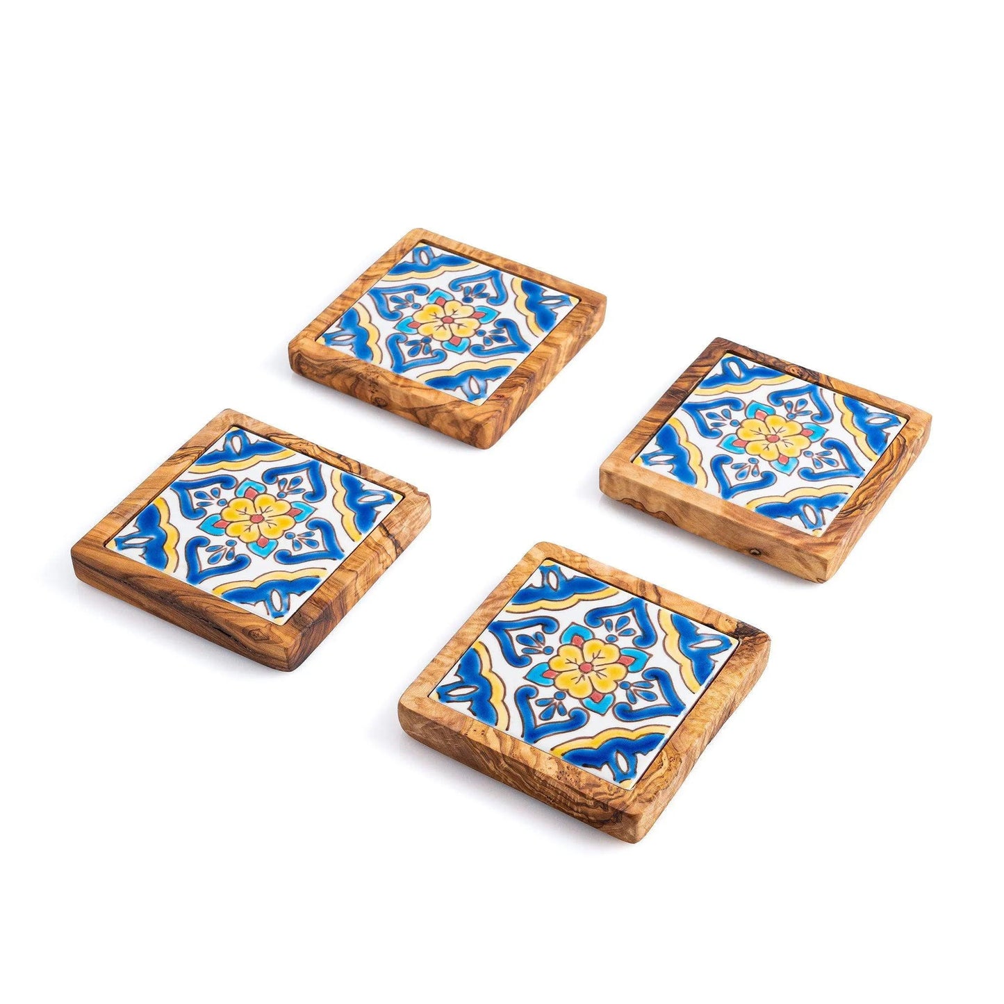 Untersetzer aus Olivenholz & Keramik – 4er/6er-Set – Produktansicht