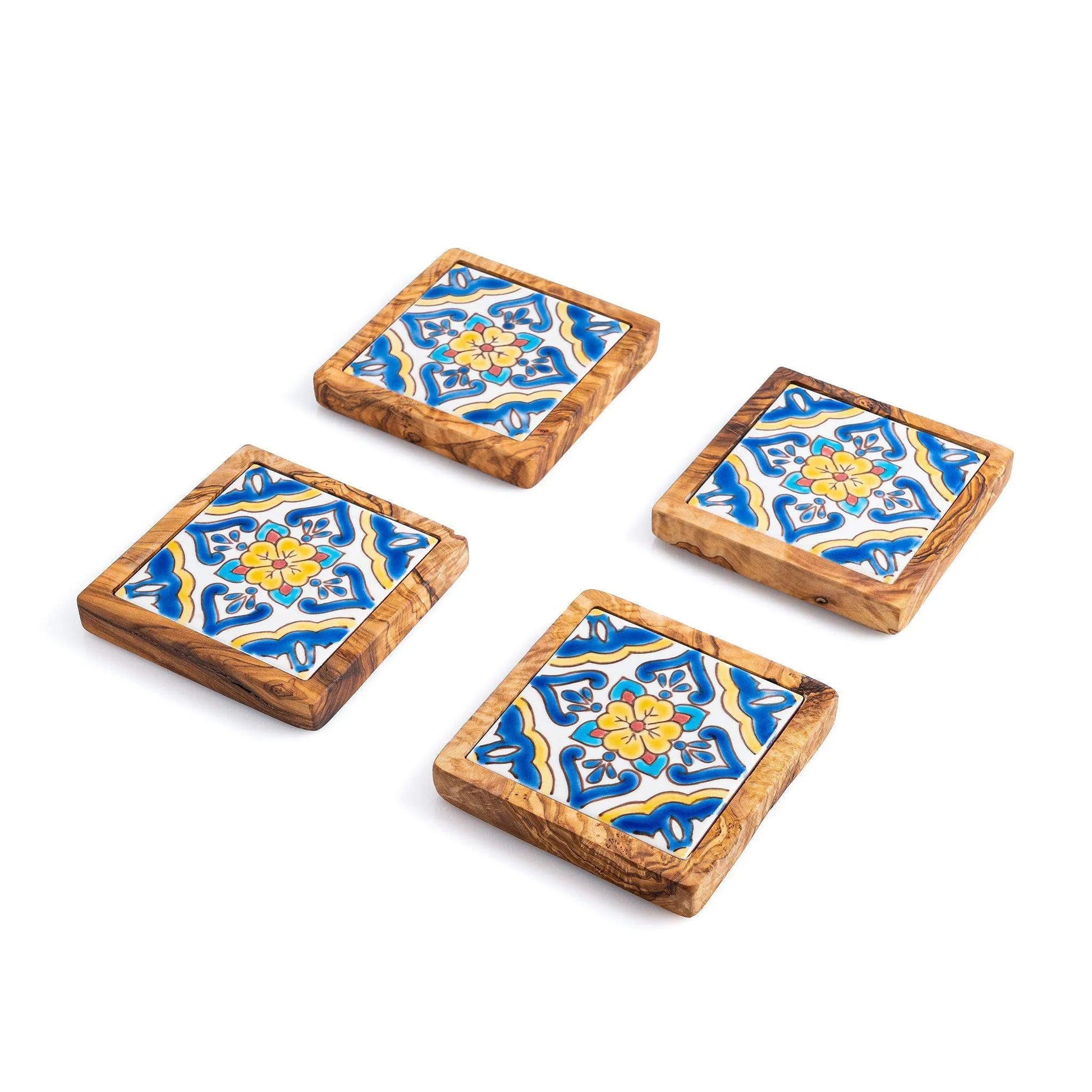 Untersetzer aus Olivenholz & Keramik – 4er/6er-Set – Produktansicht