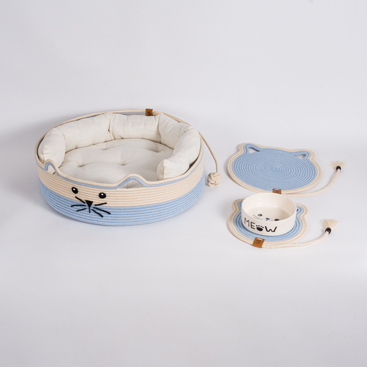 Komplettes Katzen-Set mit Bett, Matten und Keramiknapf