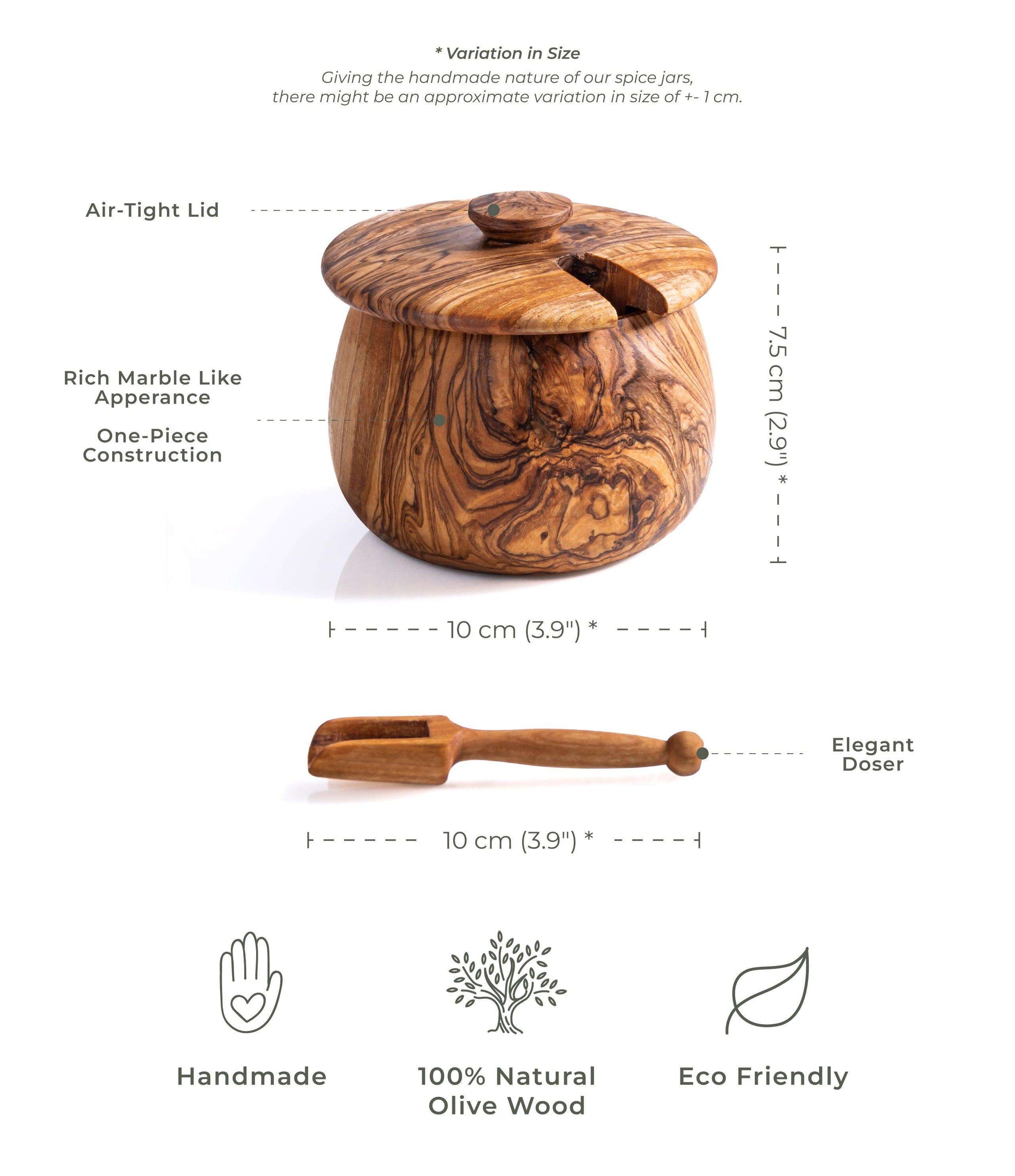 DARIDO Handmade Olive Wood Spice Jar: Elegantly Crafted with Lid & Scoop - Timelessly Durable