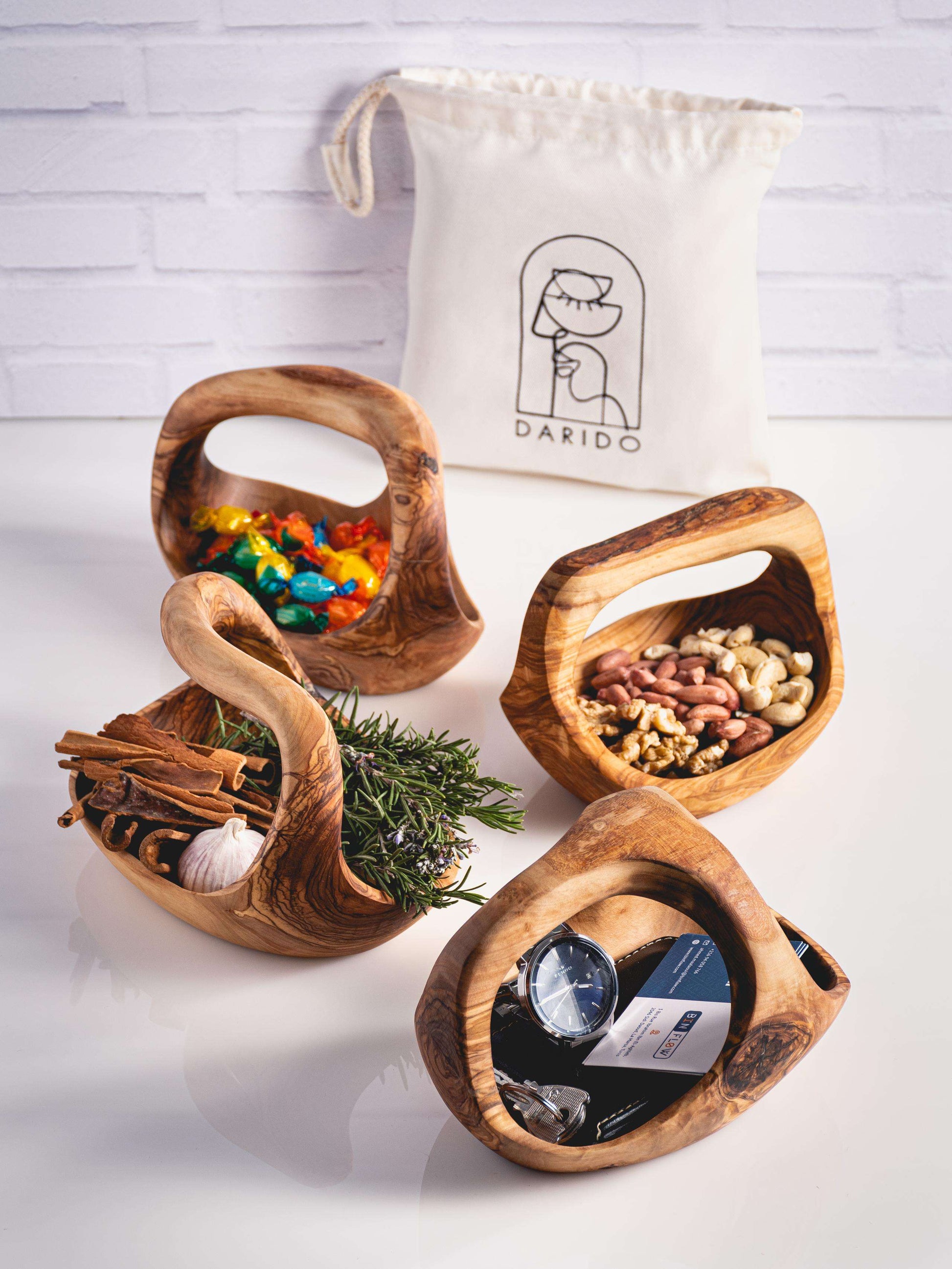 Darido Rustic Olive Wood Decoration Basket With 1 Handle | 20*13cm | Multi-functional, Eco-friendly, and Authentic