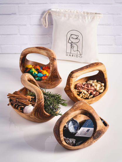 Darido Rustic Olive Wood Decoration Basket With 1 Handle | 20*13cm | Multi-functional, Eco-friendly, and Authentic