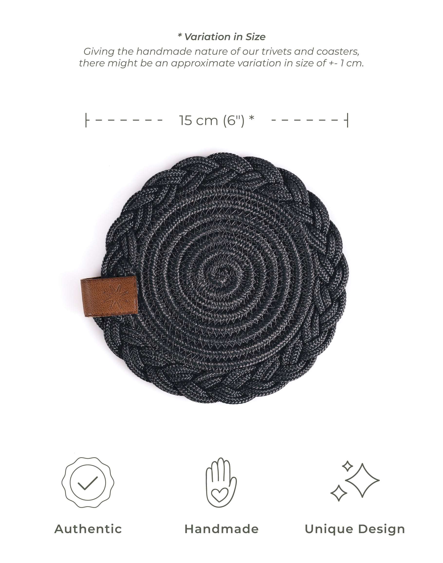 DARIDO Set of 2 Black Coasters- 15cm- Round, Durable & Elegant Table Decor