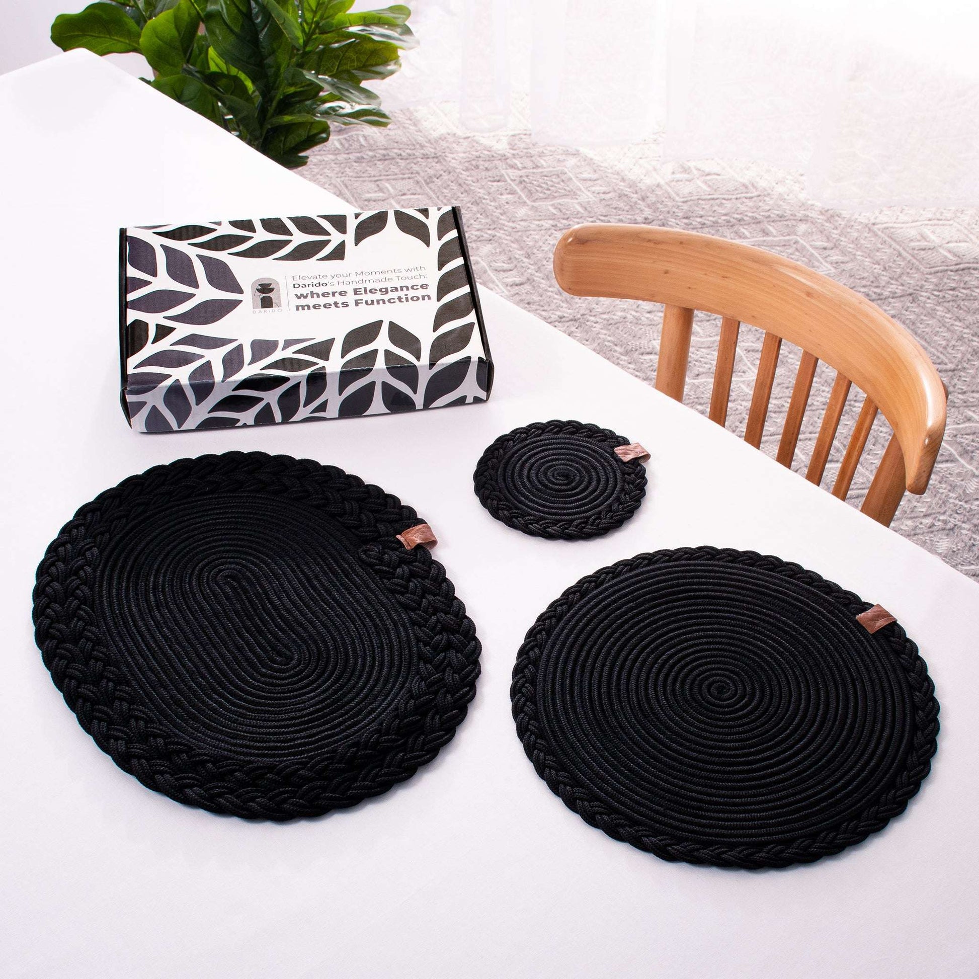 DARIDO Set of 2 Black Coasters- 15cm- Round, Durable & Elegant Table Decor