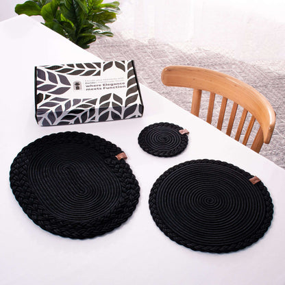 DARIDO Set of 2 Black Coasters- 15cm- Round, Durable & Elegant Table Decor