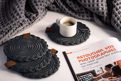 DARIDO Set of 2 Black Coasters- 15cm- Round, Durable & Elegant Table Decor