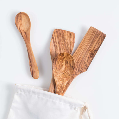 Darido Set of 4 Olive Wood Kitchen Utensils - Spoon, Spatula, Long Spatula + Small Spoon - Handmade & Durable