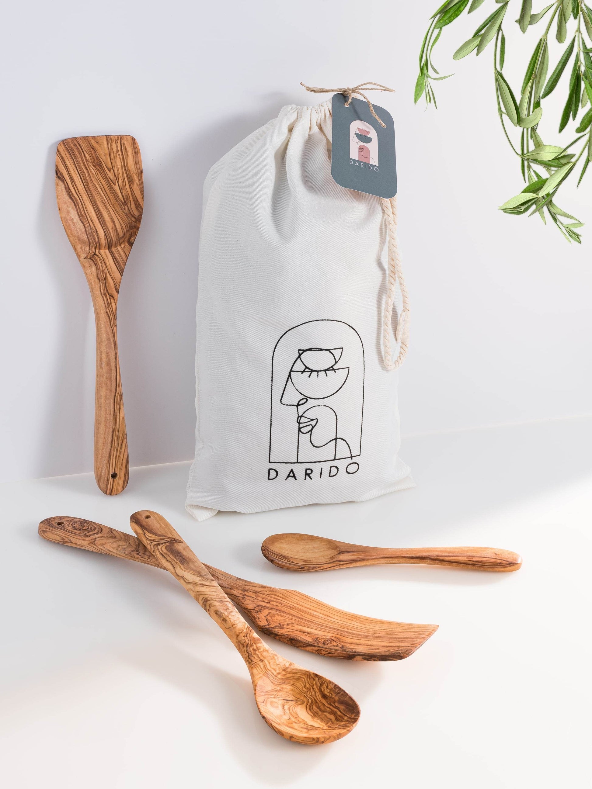 Darido Set of 4 Olive Wood Kitchen Utensils - Spoon, Spatula, Long Spatula + Small Spoon - Handmade & Durable