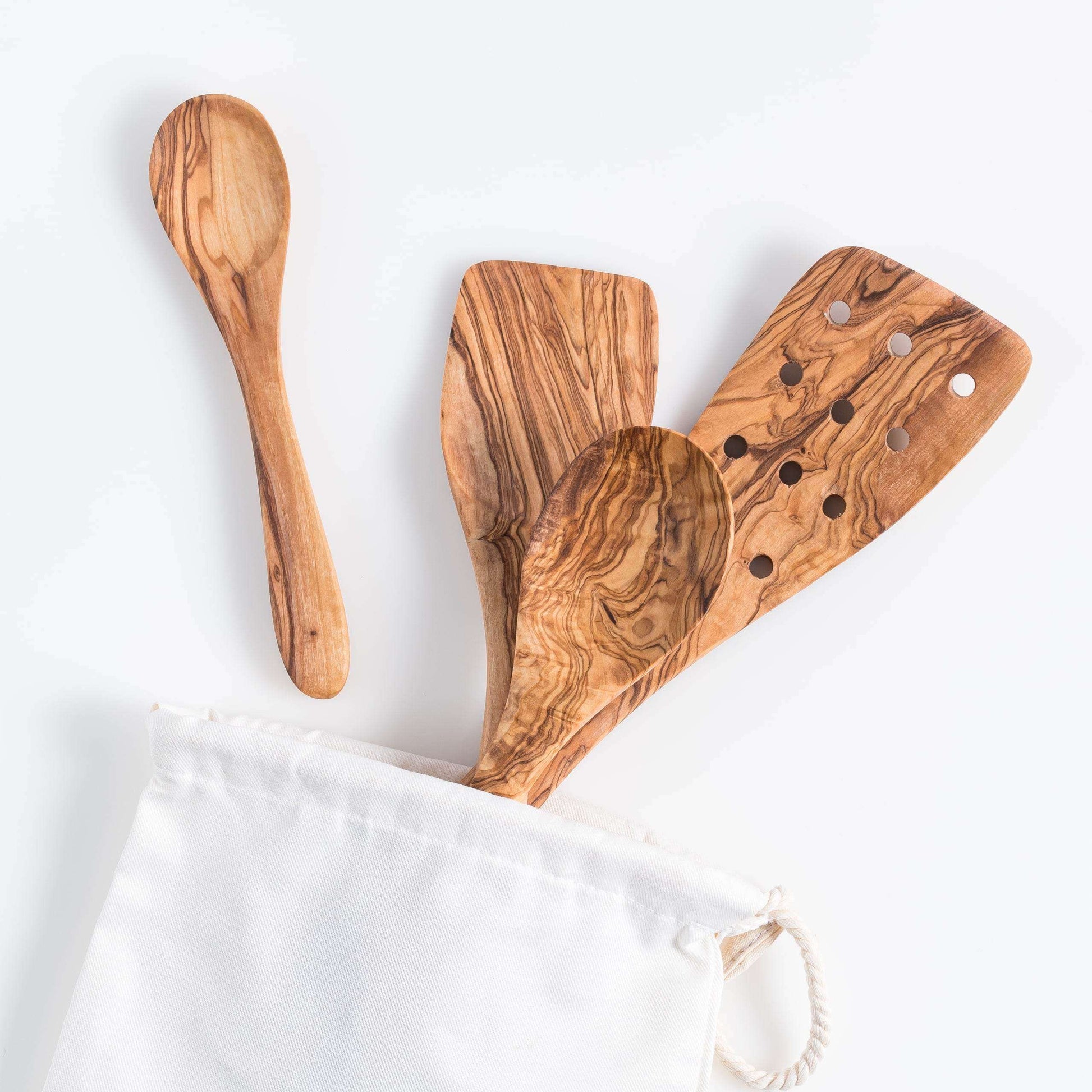 Darido Set of 4 Olive Wood Kitchen Utensils - Spoon, Spatula, Slotted Spatula + Small Spoons - Premium quality & Durable