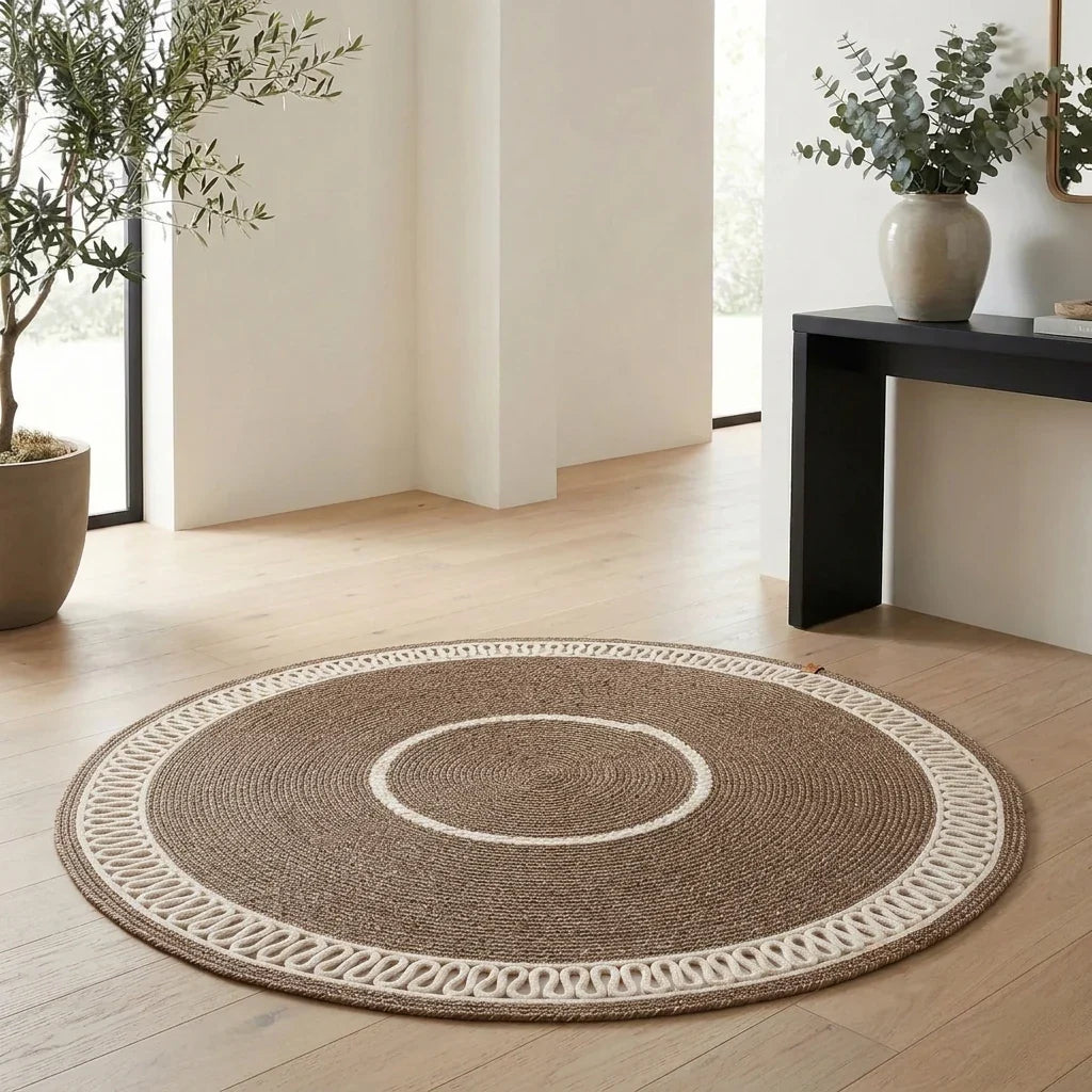 Handgeflochtener runder Teppich in Beige für Wohn- oder Esszimmer