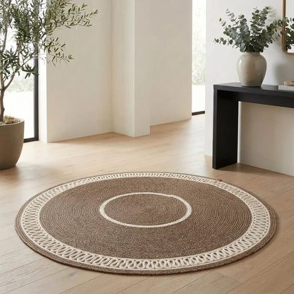 Handgeflochtener runder Teppich in Beige für Wohn- oder Esszimmer