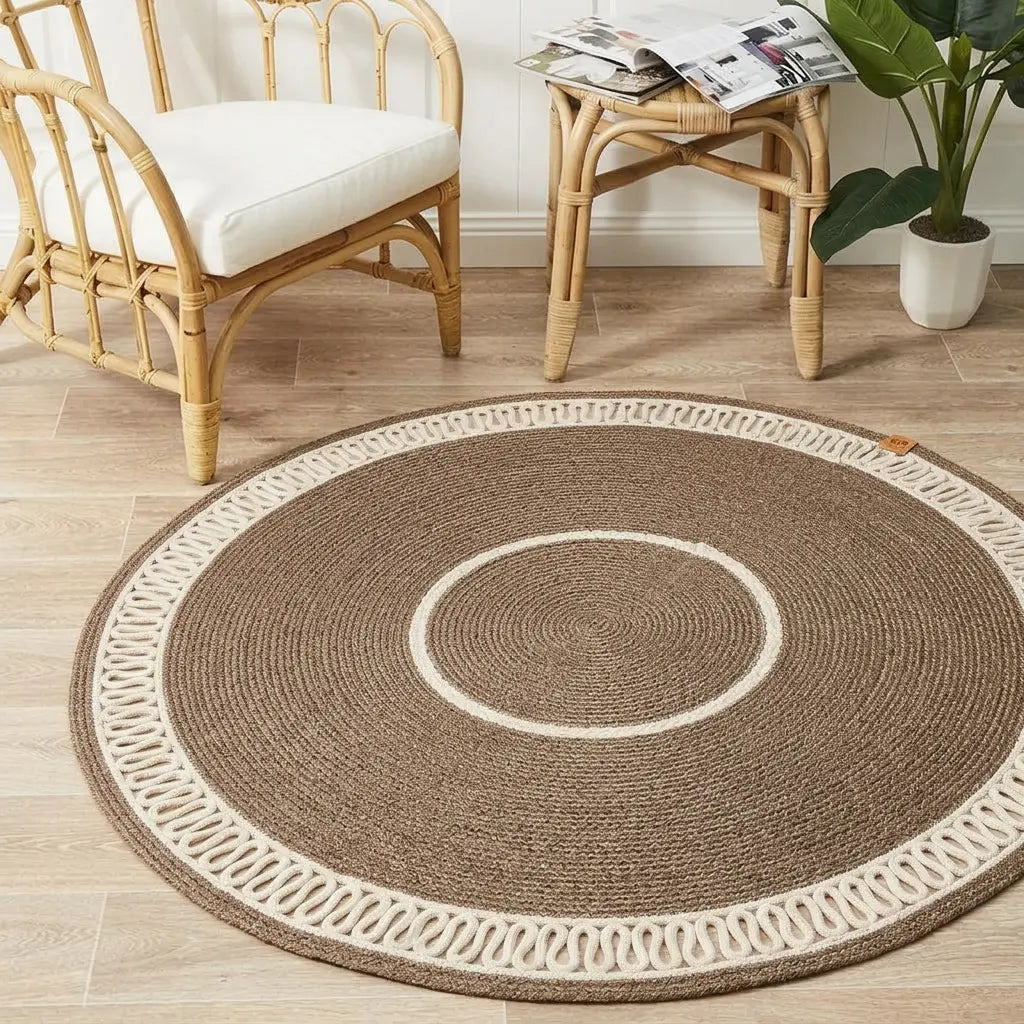 Runder handgefertigter Baumwoll-Flechtteppich in Beige – Wohnansicht