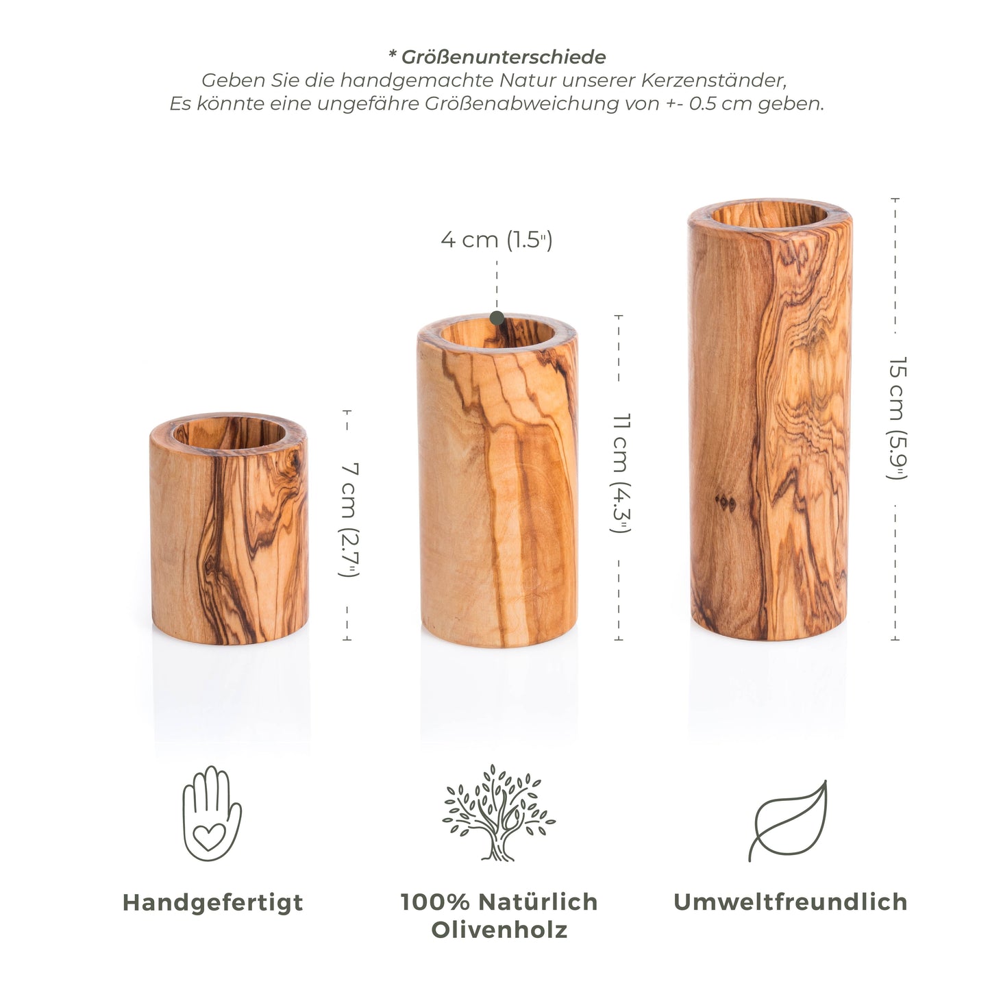 Set von 3 Zylindrischen Olivenholz Teelichthalter