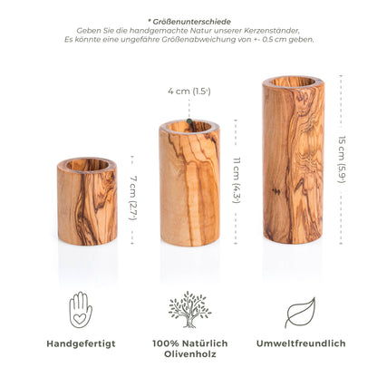 Set von 3 Zylindrischen Olivenholz Teelichthalter