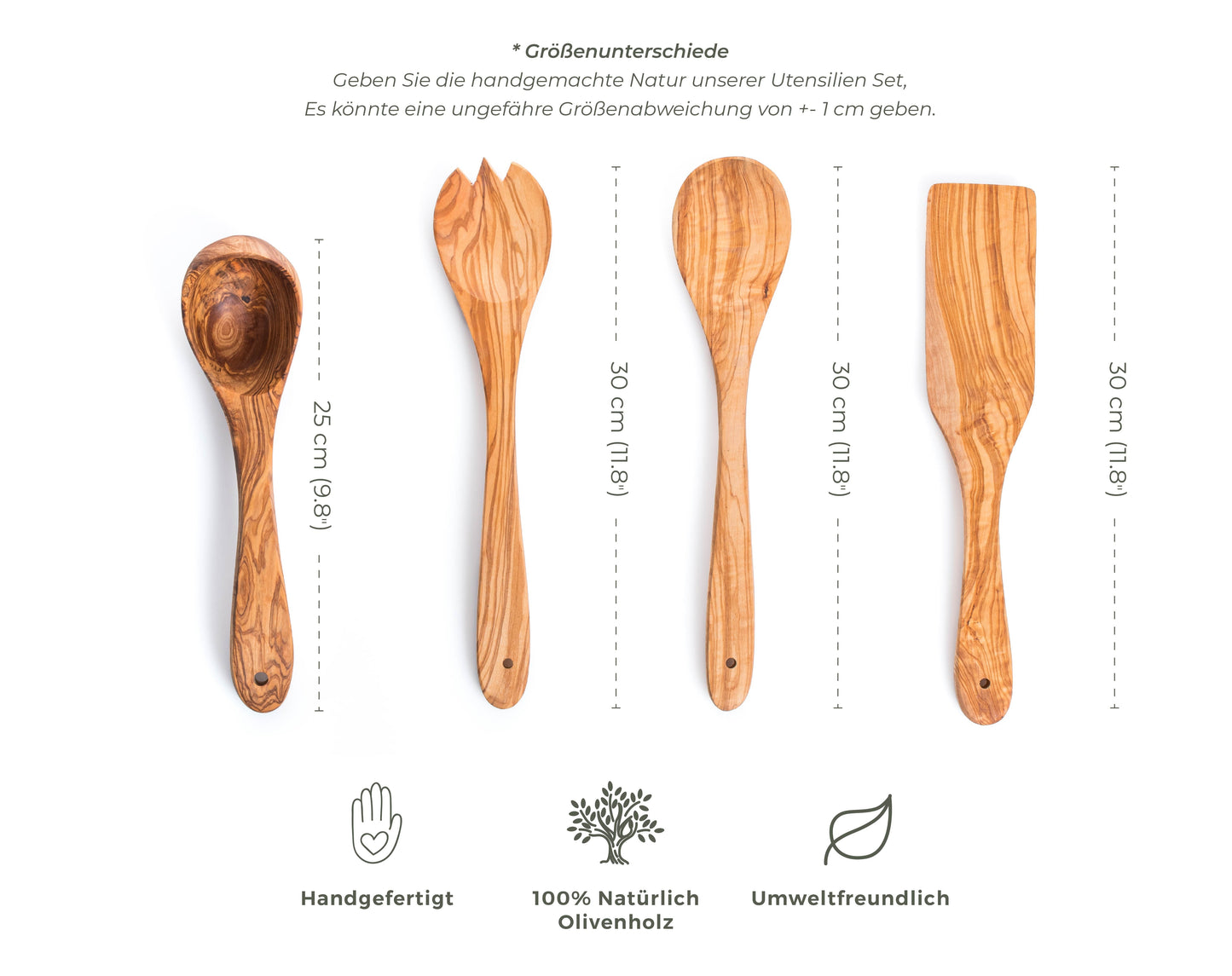 4-teiliges Set Küchenutensilien aus Olivenholz