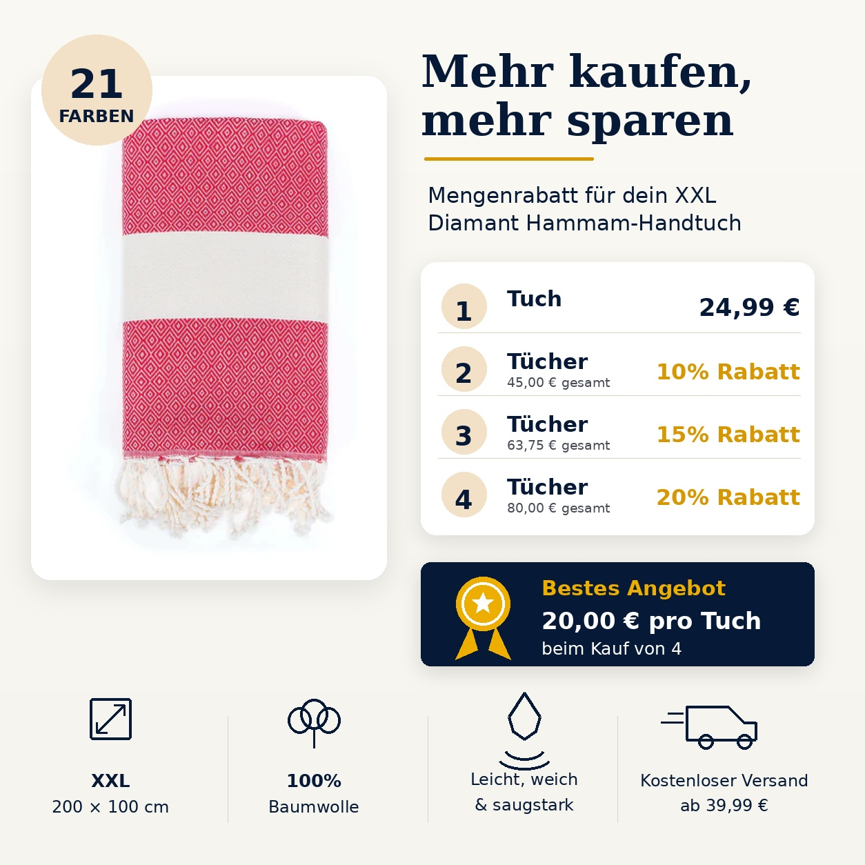 Mengenrabatt für Diamant Hammam-Handtuch XXL – Angebotsübersicht